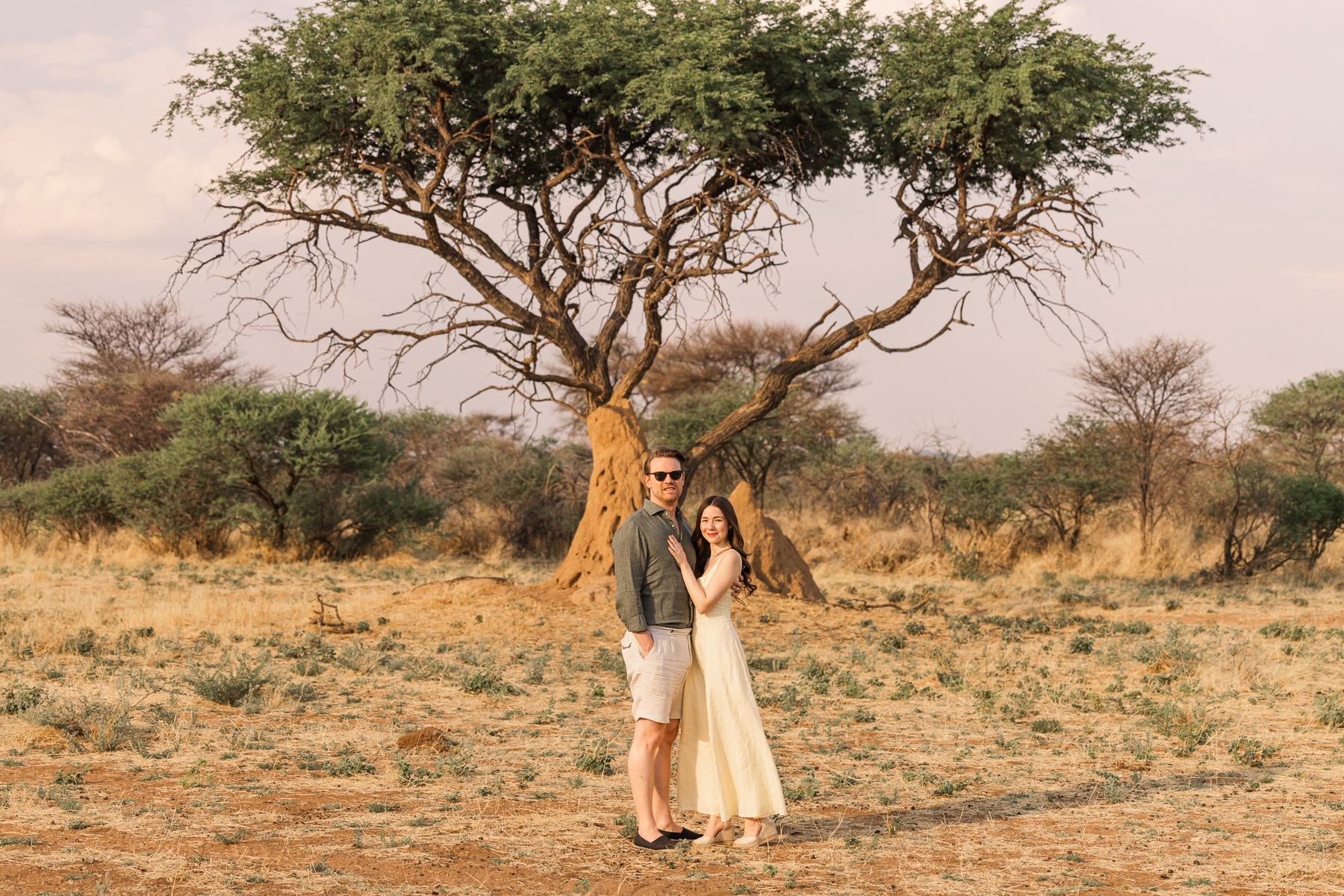 Couple under an acacia tree in the Namibian savannah at golden hour