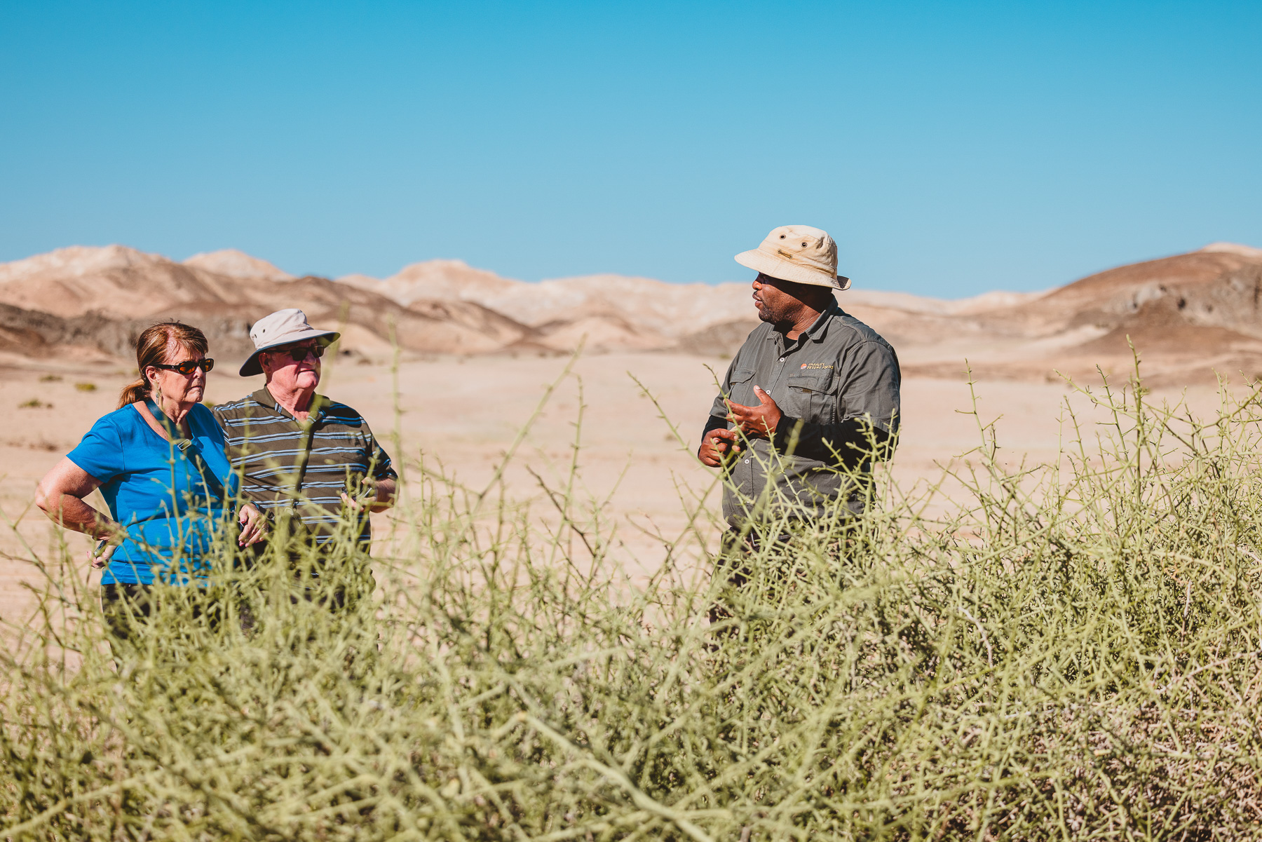 Charley's Desert Tours guide talking with two guests among desert shrubs in the Namib